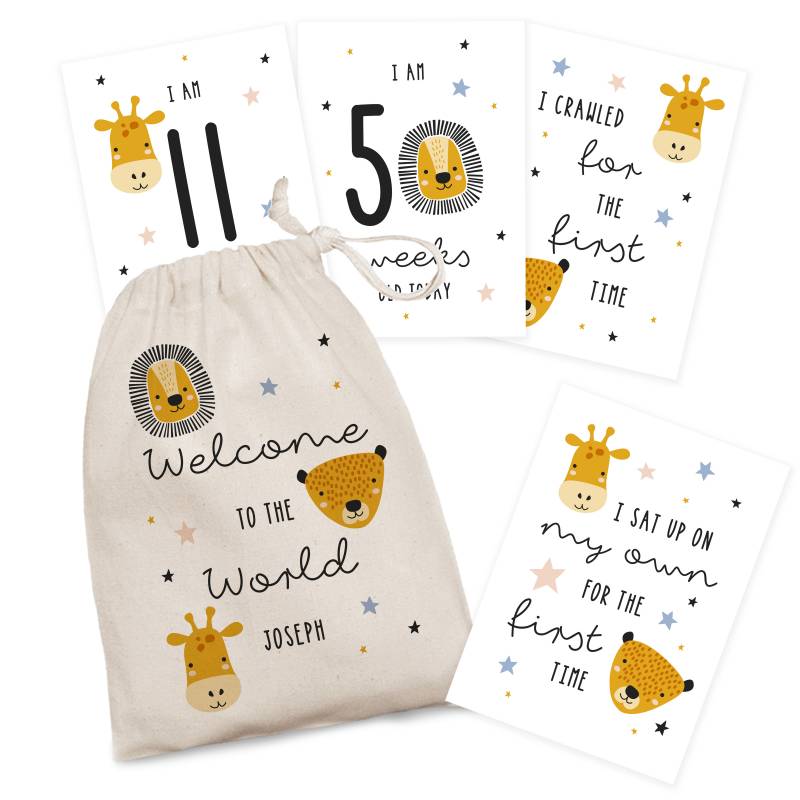 Personalised Zoo Milestone Cards in Drawstring Bag