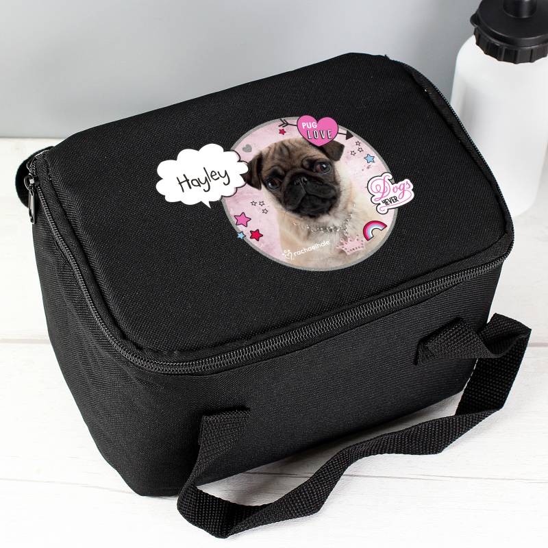 Personalised Rachael Hale Doodle Pug Black Lunch Bag