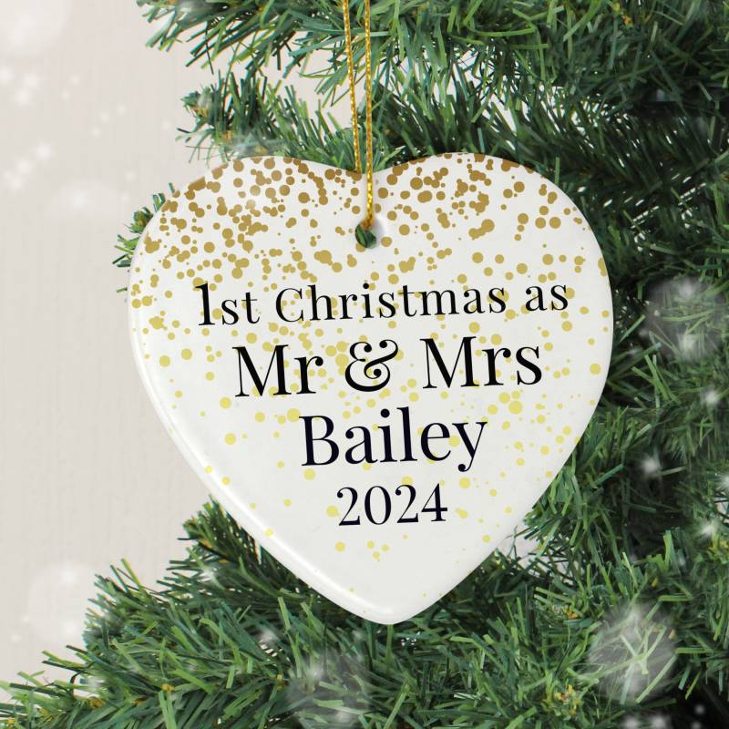 Personalised Mr and Mrs 1st Christmas Ceramic Heart Decoration